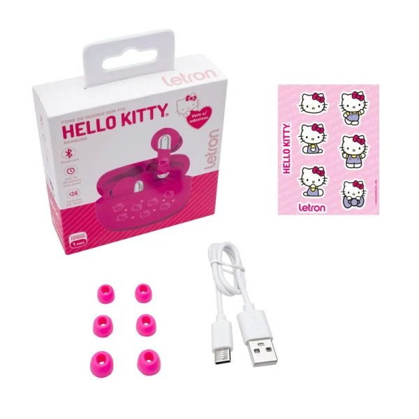 FONE SEM FIO HELLO KITTY ESTEREO EARBUDS CASE CARREGADOR BLUETOOTH LETRON